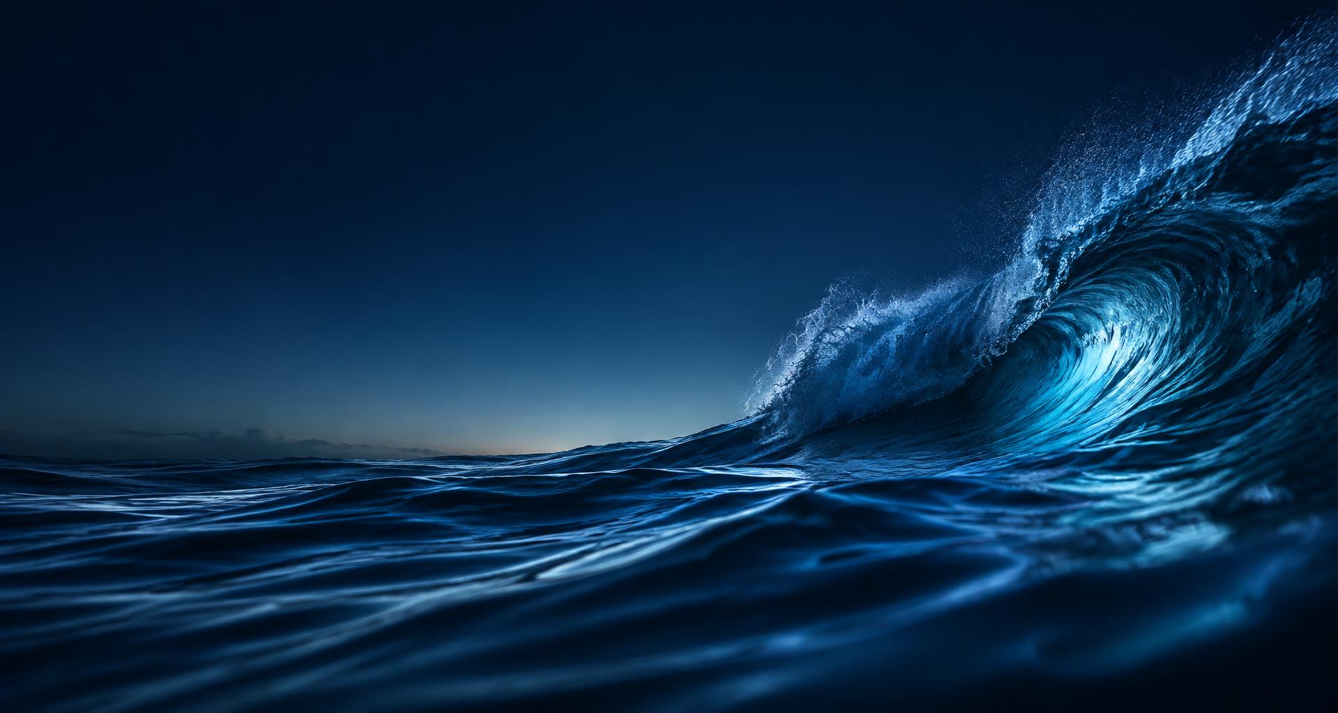 A flowing ocean wave illuminated in blue and cyan